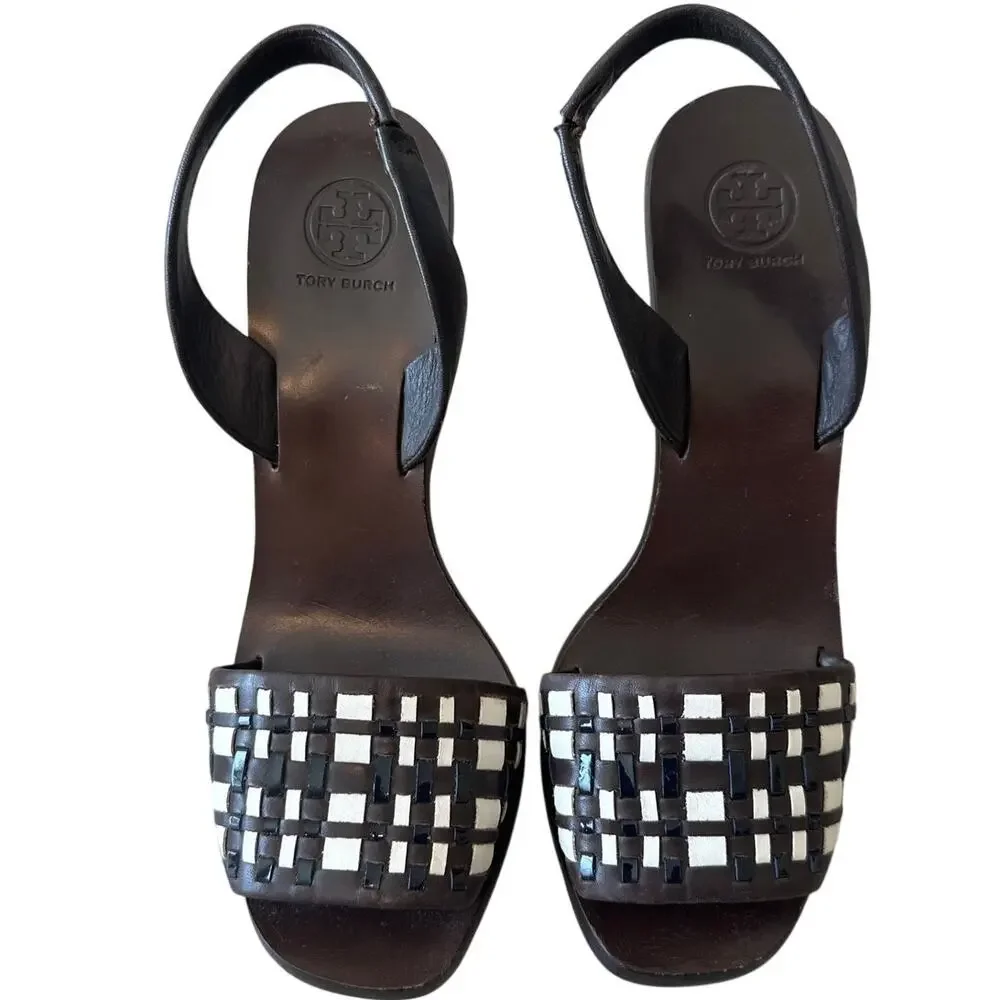 Tory Burch Emori Slingback Sandals‎ Wood Lucite Heel 8.5